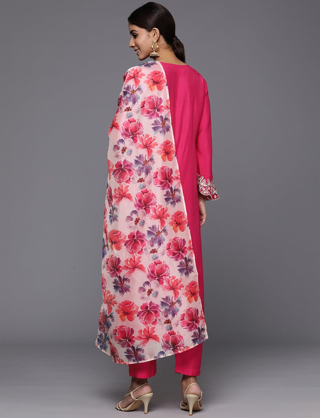 Pink Embroidered Straight Kurta Paired With Tonal Bottom And Printed Dupatta