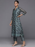 Varanga Blue Geometrical Printed Straight Kurta Paired With Solid Bottom And Printed Dupatta