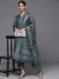 Varanga Blue Geometrical Printed Straight Kurta Paired With Solid Bottom And Printed Dupatta