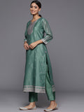 Sea Green Ethnic Motif Woven Textured Round Neck Straight Kurta Paired With Tonal Solid Bottom And Dupatta