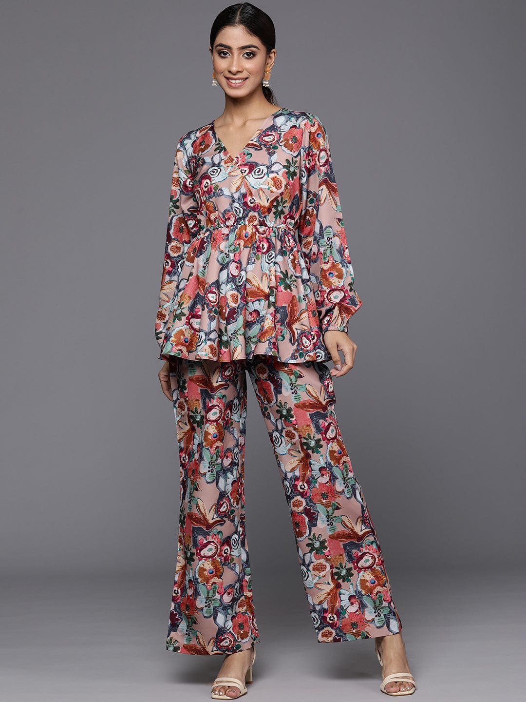Beige Abstract Printed V-Neck Angrakha Style Top Paired With Tonal Printed Flared Bottom