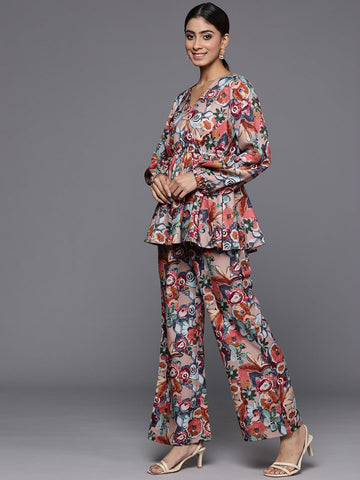 Beige Abstract Printed V-Neck Angrakha Style Top Paired With Tonal Printed Flared Bottom