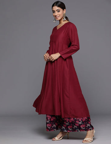 Maroon Anarkali Kurta Paired With Contrast Bottom And Dupatta