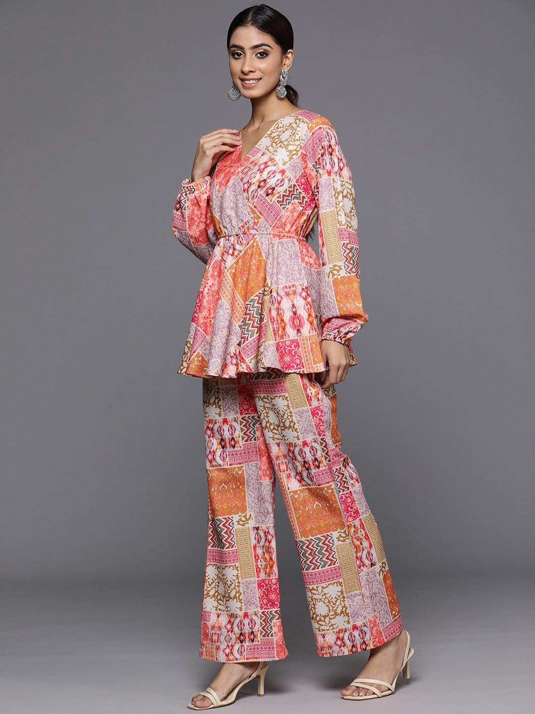 Multi Abstract Printed V-Neck Angrakha Style Top Paired With Tonal Printed Flared Bottom