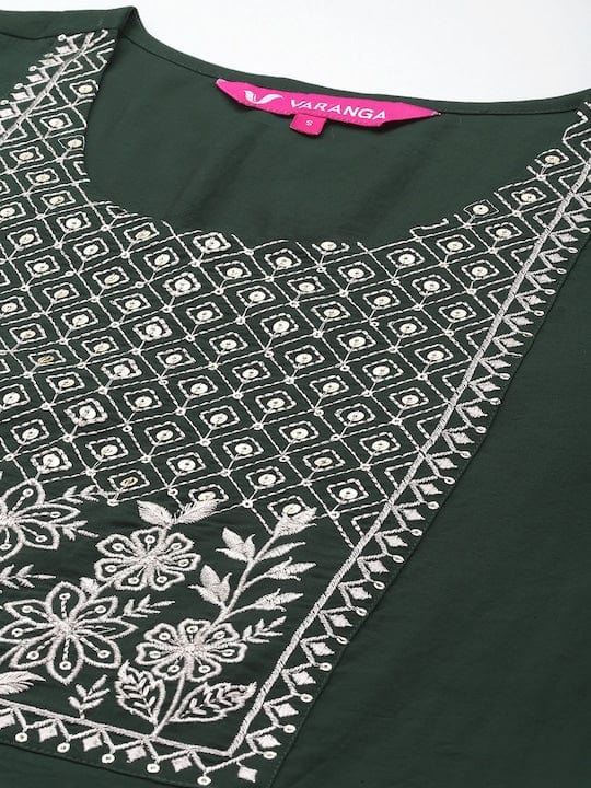 Varanga Green Embroidered Yoke Straight Kurta With Bottom And Dupatta