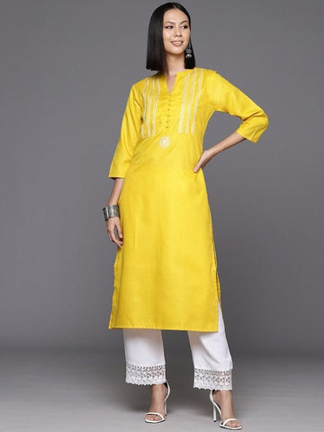 Varanga Women Yellow Thread Embroidered Yoke Straight Kurta