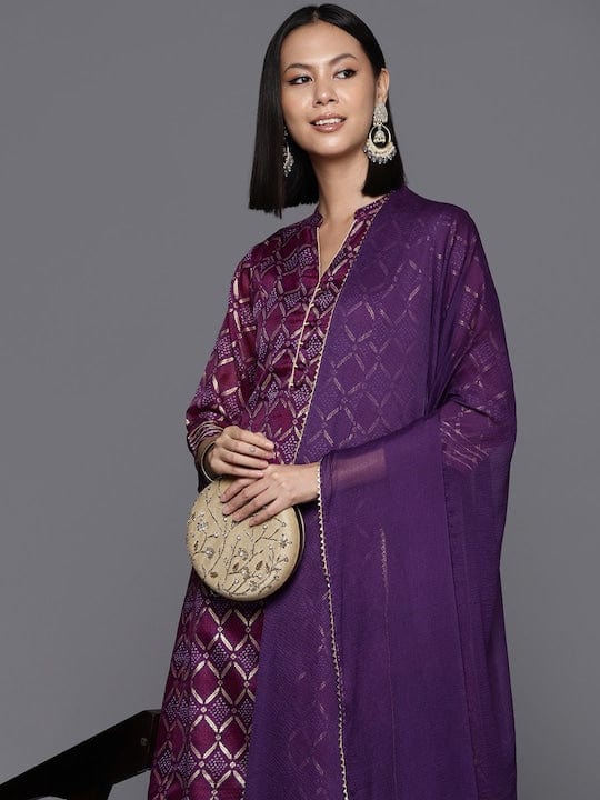 Varanga Purple Bandhani Printed Anarkali Kurta With Bottom And Dupatta