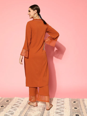 Varanga Women Rust Straight Kurta Paired With Tonal Bottom