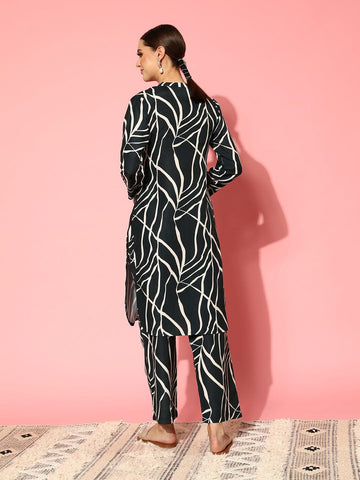 KSUT Women Black & White Abstract Printed Straight Kurta Paired With Tonal Printed Bottom