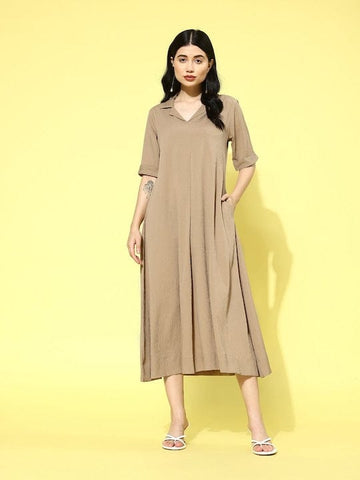 Varanga Women Beige Shirt Collar A Line Dress