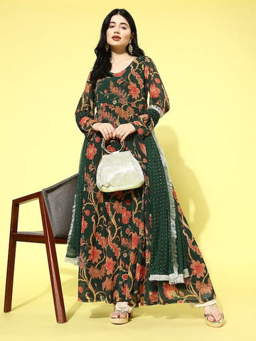 Varanga Women Green Floral Printed V-Neck Anarkali Kurta With Tonal Dotted Dupatta