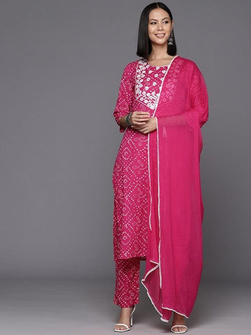 Varanga Women Pink Bandhani Printed Straight Kurta Paired With Tonal Bottom And Dupatta