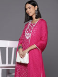 Varanga Women Pink Bandhani Printed Straight Kurta Paired With Tonal Bottom And Dupatta