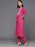 Varanga Women Pink Bandhani Printed Straight Kurta Paired With Tonal Bottom And Dupatta