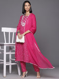 Varanga Women Pink Bandhani Printed Straight Kurta Paired With Tonal Bottom And Dupatta