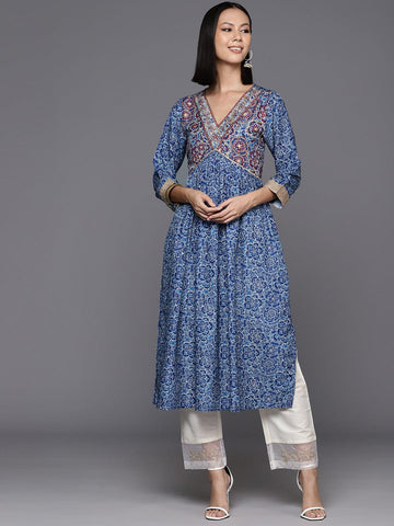 KSUT Women Blue Floral Printed Anarkali Kurta