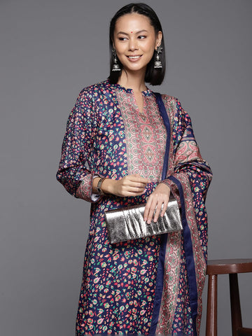 Varanga Women Blue Woolen Floral Printed Straight Kurta With Solid Bottom And Dupatta