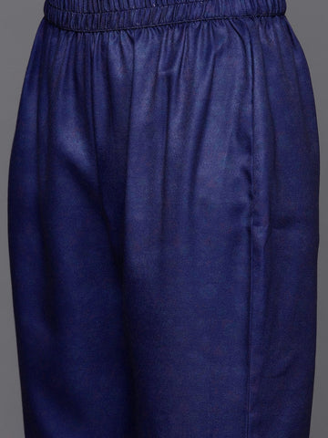 Varanga Women Blue Woolen Floral Printed Straight Kurta With Solid Bottom And Dupatta