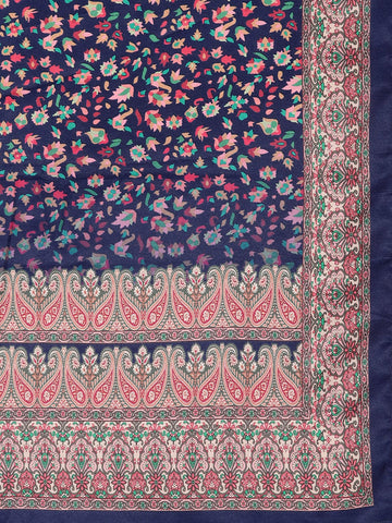 Varanga Women Blue Woolen Floral Printed Straight Kurta With Solid Bottom And Dupatta