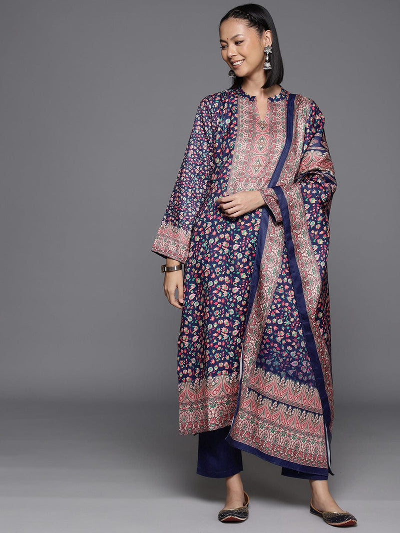 Varanga Women Blue Woolen Floral Printed Straight Kurta With Solid Bottom And Dupatta