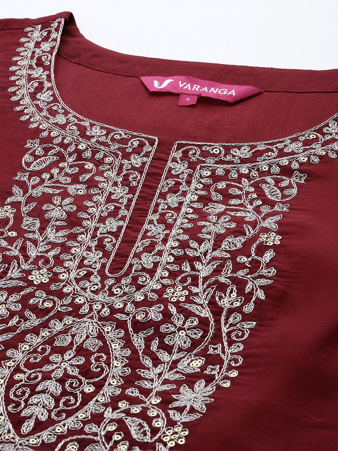 Varanga Women Maroon Embroidered Straight Kurta Paired With Tonal Bottom And Dupatta