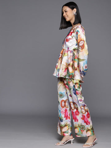 Varanga Women Multi Colour Abstract Printed Top Paired With Tonal Printed Bottom Vcod7223