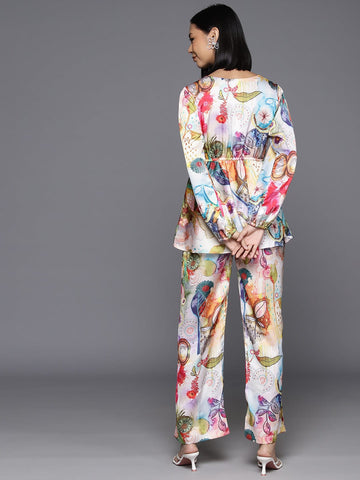 Varanga Women Multi Colour Abstract Printed Top Paired With Tonal Printed Bottom Vcod7223