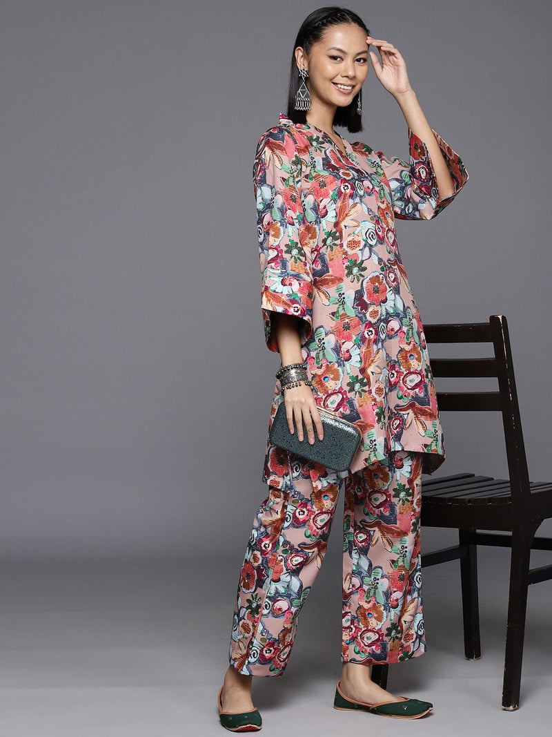 KSUT Women Beige Floral Printed Tunic Paired With Tonal Bottom Vset21139
