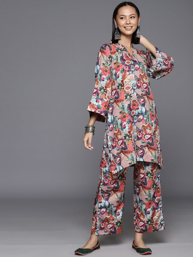 KSUT Women Beige Floral Printed Tunic Paired With Tonal Bottom Vset21139