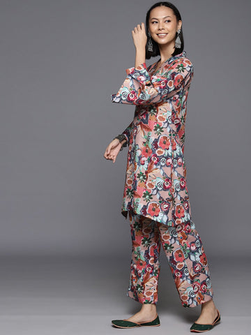 KSUT Women Beige Floral Printed Tunic Paired With Tonal Bottom Vset21139