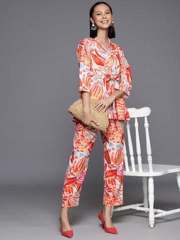 KSUT Women Rust Abstract Printed Top Paired With Tonal Printed Bottom