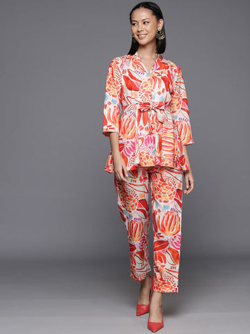 KSUT Women Rust Abstract Printed Top Paired With Tonal Printed Bottom