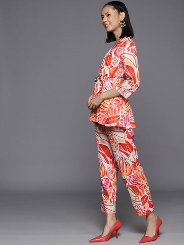 KSUT Women Rust Abstract Printed Top Paired With Tonal Printed Bottom