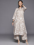 Varanga Women Grey Shirt Collar Side Slit Tunic With Tonal Printed Bottom Vset21135