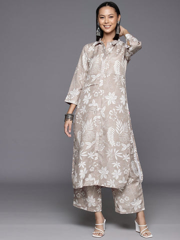 KSUT Women Grey Shirt Collar Side Slit Tunic With Tonal Printed Bottom Vset21135
