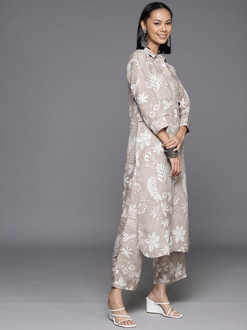 KSUT Women Grey Shirt Collar Side Slit Tunic With Tonal Printed Bottom Vset21135