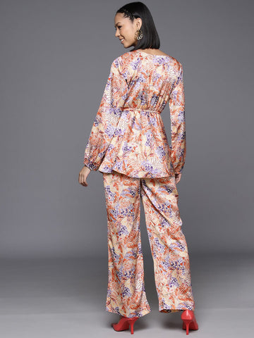 Varanga Women Beige Abstract Printed Top Paired With Tonal Printed Bottom Vcod7224