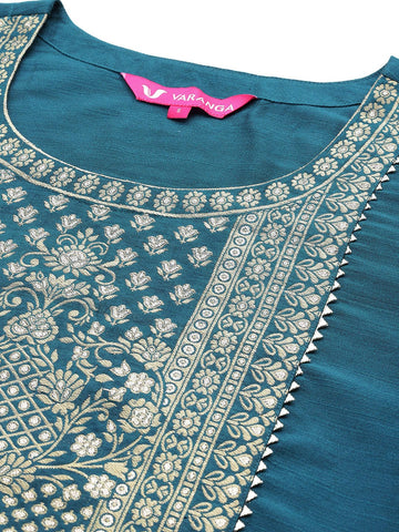 Varanga Womenwomenblue Embroidered Straight Kurta Paired With Tonal Bottom And Dupatta