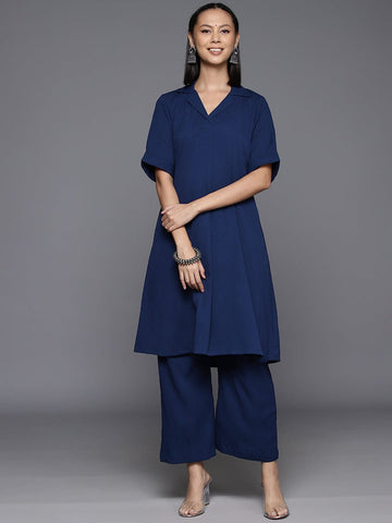 Varanga Womenwomennavy Blue Shirt Collar, Flared Sleeves, Paired With Tonal Bottom.