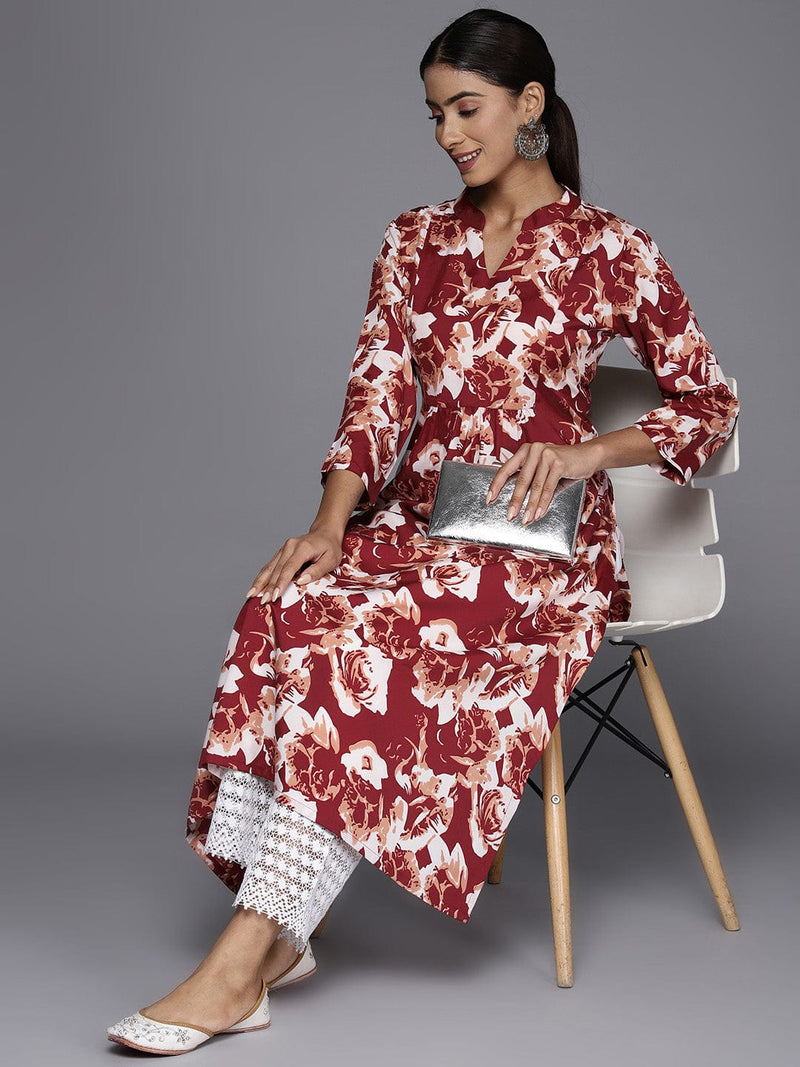 KSUT Women Maroon Floral Printed A-Line Kurta With Three Quarter Sleeves