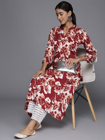 KSUT Women Maroon Floral Printed A-Line Kurta With Three Quarter Sleeves