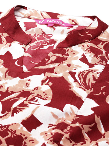 KSUT Women Maroon Floral Printed A-Line Kurta With Three Quarter Sleeves