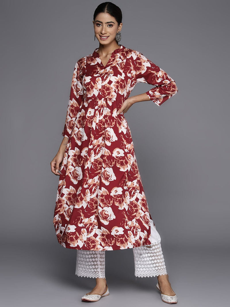 KSUT Women Maroon Floral Printed A-Line Kurta With Three Quarter Sleeves