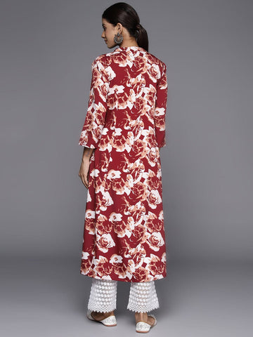 KSUT Women Maroon Floral Printed A-Line Kurta With Three Quarter Sleeves