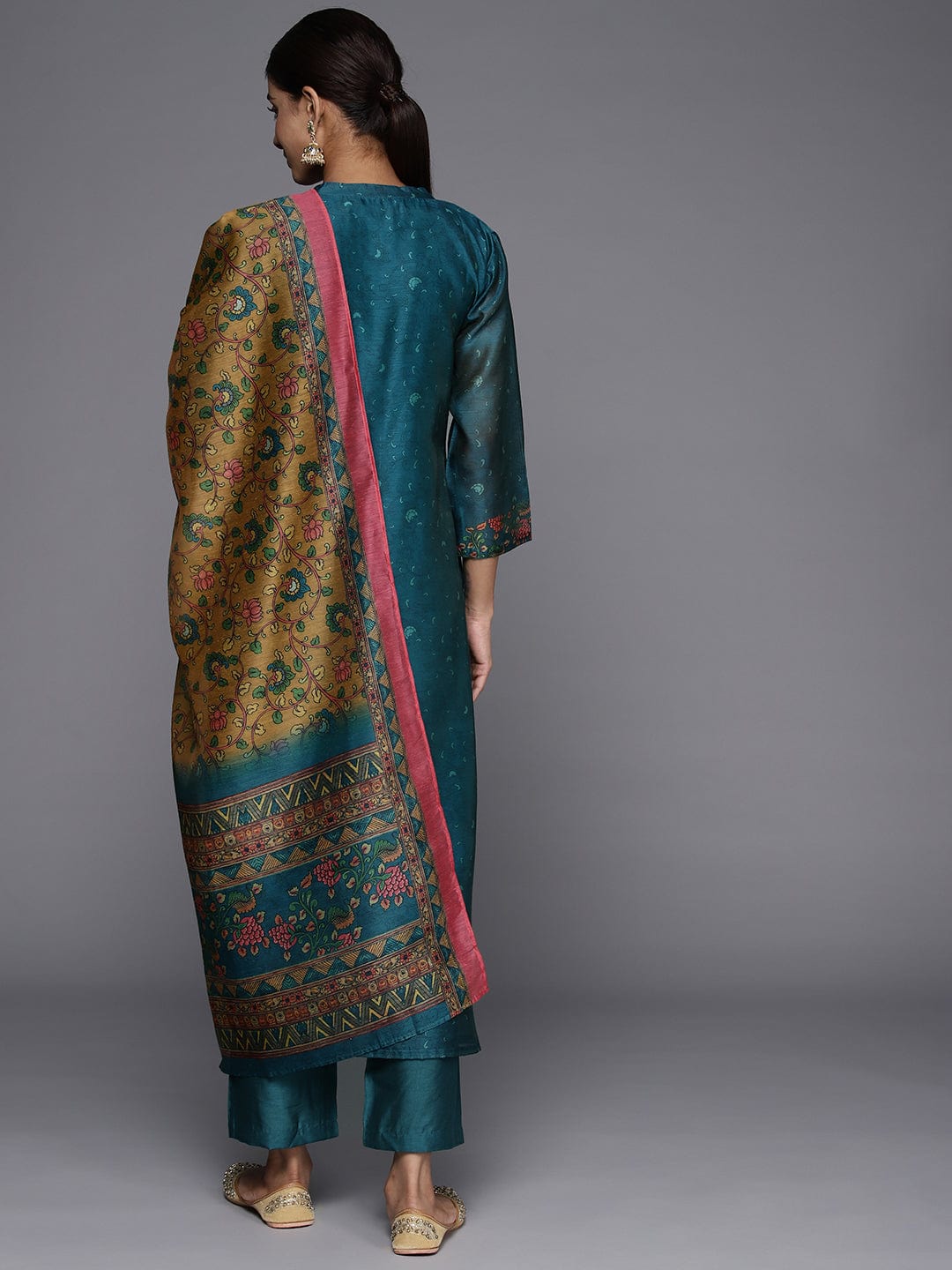 Varanga Floral Printed Regular Chanderi Silk Kurta with Trousers & Dupatta