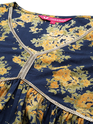 Varanga Women Navy Blue Floral Printed V- Neck Empire Kurta