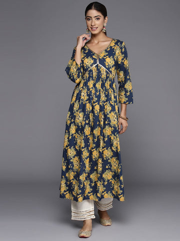 Varanga Women Navy Blue Floral Printed V- Neck Empire Kurta