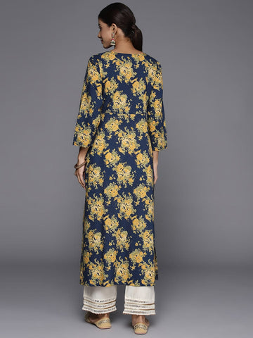 Varanga Women Navy Blue Floral Printed V- Neck Empire Kurta