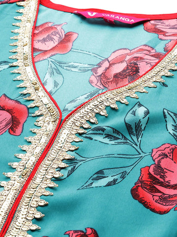 Varanga Women Turquoise Blue Floral Printed Anarkali Kurta Paired With Dupatta