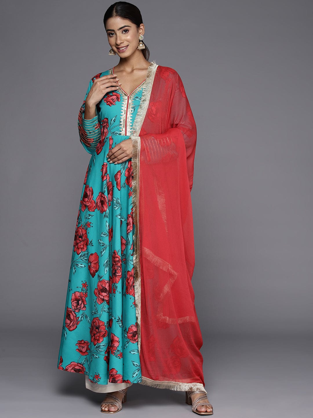 Varanga Women Turquoise Blue Floral Printed Anarkali Kurta Paired With Dupatta